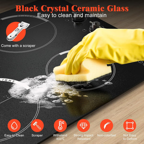 24 Inch Electric Cooktop - 4 Burner Built-in Glass Ceramic Stovetop 6000W, 220-240V Electric Stove Touch and Knob Control, Safety Lock, Pause, 99 Min Timer, 240V Hard Wire(No Plug)