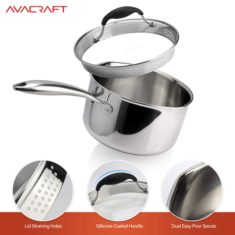 AVACRAFT Tri-Ply Stainless Steel Saucepan with Glass Strainer Lid, Two Side Spouts, Multipurpose Sauce Pan with Lid, Sauce Pot, Cooking Pot (Tri-Ply Full Body, 3.5 Quart)