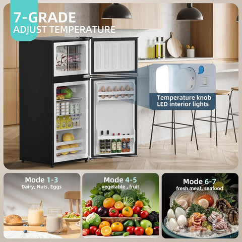 4.5 Cu Ft Mini Fridge for Bedroom, 2 Door Small Fridge, 7 Level Thermostat, LED Light, Small Refrigerator for Bedroom, Office, Dorm