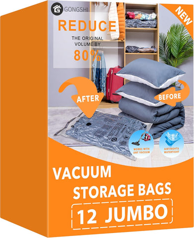 12 Pack Vacuum Storage Bags (3 Jumbo, 3 Large, 3 Medium, 3 Small),Plastic Packaging Bags,Space Saver Sealer Compression Bags with Travel Hand Pump for Blankets, Comforters, Pillows, Clothes Storage