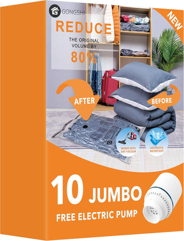 12 Pack Vacuum Storage Bags (3 Jumbo, 3 Large, 3 Medium, 3 Small),Plastic Packaging Bags,Space Saver Sealer Compression Bags with Travel Hand Pump for Blankets, Comforters, Pillows, Clothes Storage