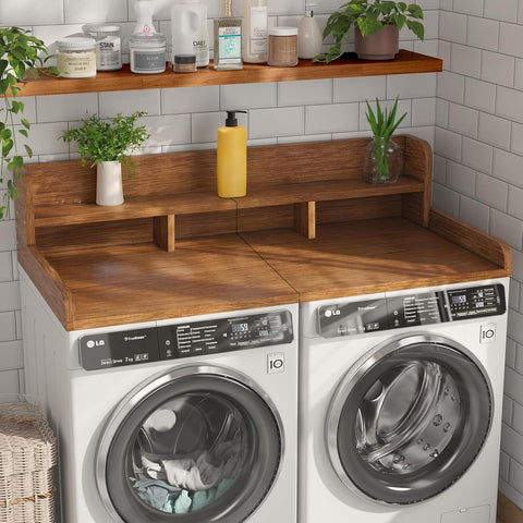 54" W x 27.5" D Washer Dryer Countertop, Laundry Wood Shelf Topper with Edge, 2-Tier Organizer for Washer and Dryer Laundry Hamper Counter Storage Organization, Large Space Laundry Topper, White