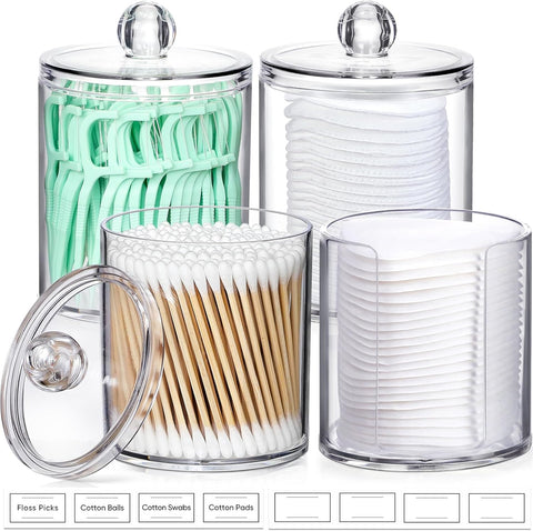 4 Pack Acrylic Qtip Holder Dispenser for Cotton Swabs, Balls, Pads, Floss Picks- Small Clear Plastic Canister Apothecary Jar Set, Bathroom Essentials Accessories Decor, Vanity Makeup Storage Organizer