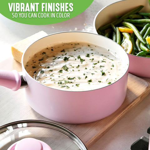 GreenLife Soft Grip 1QT and 2QT Saucepan Set, Healthy Ceramic Nonstick, Non Toxic PFAS & PFOA-Free, Dishwasher Safe, Glass Lids, Stay-Cool Handles, Easy Clean Cookware, Kitchen Essentials, Pink