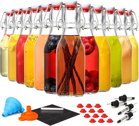 8-Pack 8.5oz Flip Top Glass Bottles, Swing Top Beer Brewing Bottle for Fermentation, Kombucha, Kefir, Vanilla Extract, Coquito, Juice, Soda, Tea - Airtight Stopper Cap Lid, Bonus 2 Bottle Pourers