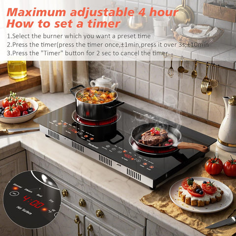 2 Burner Electric Cooktop 110v, 24 Inch Electric Stove Countertop & Built-in, Plug-in Electrics Cooktop, 8 Power Levels & 8 Functions, Touch Control, Safety Lock, Timer, 2000W, Karienvir