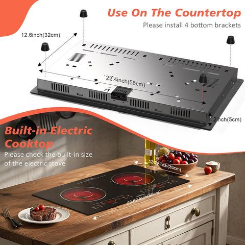 2 Burner Electric Cooktop 110v, 24 Inch Electric Stove Countertop & Built-in, Plug-in Electrics Cooktop, 8 Power Levels & 8 Functions, Touch Control, Safety Lock, Timer, 2000W, Karienvir
