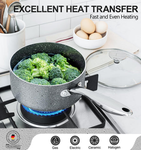 MICHELANGELO Sauce Pan with Lid, Granite Saucepans with Lids, 1Qt & 2Qt & 3Qt Sauce Pan Sets, Nonstick Saucepan Set with Stainless Steel Handle, Oven Safe, Grey