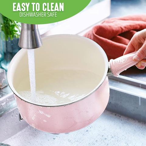 GreenLife Soft Grip 1QT and 2QT Saucepan Set, Healthy Ceramic Nonstick, Non Toxic PFAS & PFOA-Free, Dishwasher Safe, Glass Lids, Stay-Cool Handles, Easy Clean Cookware, Kitchen Essentials, Pink