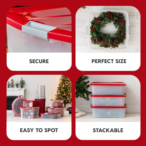 33 Quart Christmas Wreath Storage Container Box with Lid, 3-Pack, Stackable Under Bed Storage Organizer Bin with Latching Buckles for 20" Wreaths Christmas Decorations Garlands, Clear/Red