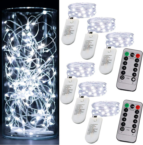 6 Pack Fairy Lights Battery Operated with Timer 2PCS Remote 6.5ft 20LED Warm White Twinkle Lights Waterproof Silver Wire Fireflies Lights DIY Mason Jar Wedding Party Christmas Centerpiece Table Deco