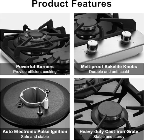 2 Burner Propane Gas Cooktop, 12 inch LPG/NG Dual Fuel Built-in Gas Stove Top, Black Tempered Glass Gas Stove, Gas Hob for Apartment, Outdoor, RV, With Thermocouple Protection