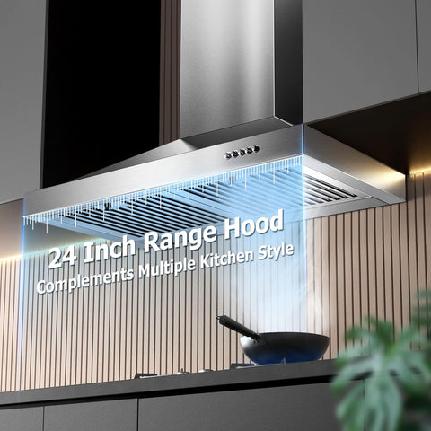 24 Inch Range Hood, Wall Mount Vent Hood in Stainless Steel with Ducted/Ductless Convertible Duct, 3 Speed Exhaust Fan, Energy Saving LED Light, Push Button Control, 2 Pcs Baffle Filters