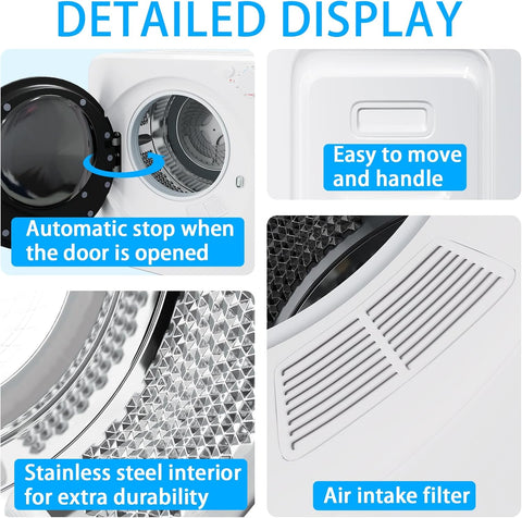 1.8 cu.ft Portable Clothes Dryer, 800W Compact Dryer with Stainless Steel Tub, 5 Modes Auto Stop & Easy Control Electric Dryers, Ideal for Laundry, Apartments, Dorms, RVs, White