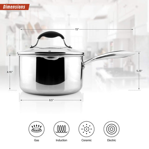 AVACRAFT Tri-Ply Stainless Steel Saucepan with Glass Strainer Lid, Two Side Spouts, Multipurpose Sauce Pan with Lid, Sauce Pot, Cooking Pot (Tri-Ply Full Body, 3.5 Quart)