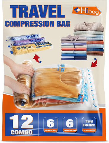 12 Compression Bags for Travel Essentials, Vacuum Packing Space Saver Bags for Cruise Accessories (12-Travel)