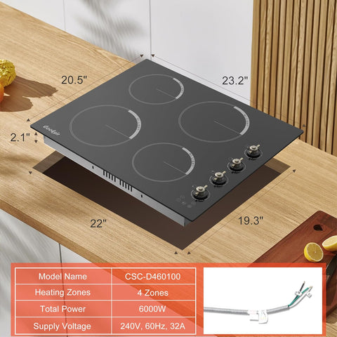 24 Inch Electric Cooktop - 4 Burner Built-in Glass Ceramic Stovetop 6000W, 220-240V Electric Stove Touch and Knob Control, Safety Lock, Pause, 99 Min Timer, 240V Hard Wire(No Plug)