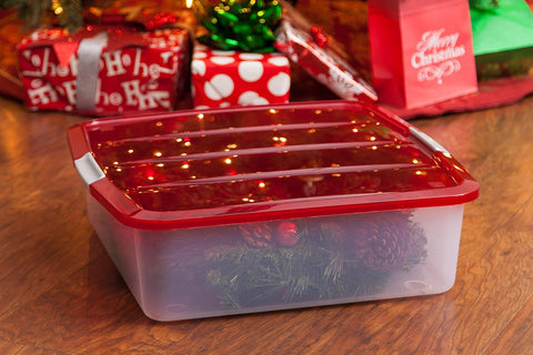 33 Quart Christmas Wreath Storage Container Box with Lid, 3-Pack, Stackable Under Bed Storage Organizer Bin with Latching Buckles for 20" Wreaths Christmas Decorations Garlands, Clear/Red