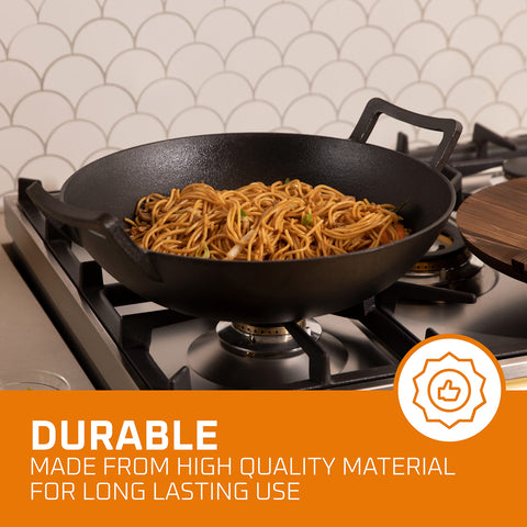 14 Inch Blue Enameled Cast Iron Wok/Pot - Bruntmor Nonstick Skillet Pan with Large Loop Handles for Versatile Cooking - Oven Safe & Electric Stovetop Compatible - Indoor and Outdoor Culinary Essential