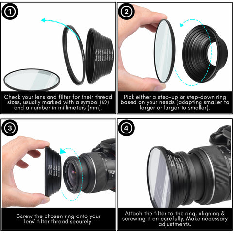 18-Piece Filter Ring Adapter Set - 9X Step-Up Rings and 9X Step-Down Rings for Lens Filters, Lens Hoods, and Lens Converters - Includes 4X Microfiber Cleaning Cloths (7x6 Inches)