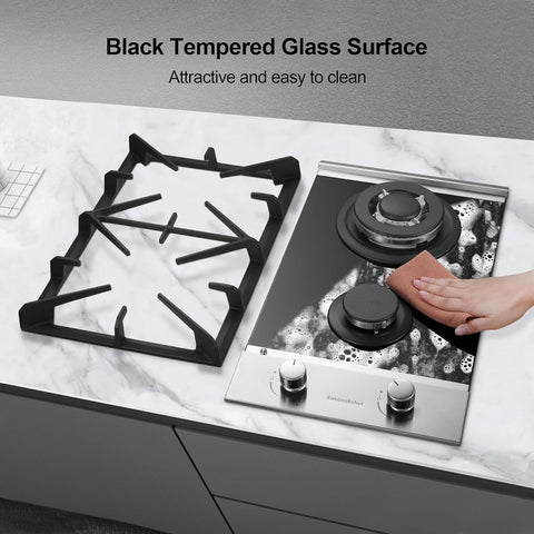 2 Burner Propane Gas Cooktop, 12 inch LPG/NG Dual Fuel Built-in Gas Stove Top, Black Tempered Glass Gas Stove, Gas Hob for Apartment, Outdoor, RV, With Thermocouple Protection
