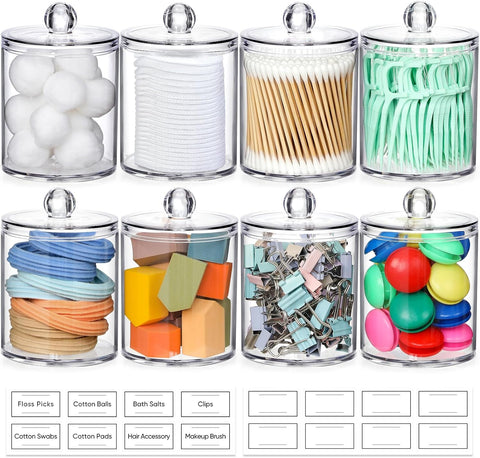4 Pack Acrylic Qtip Holder Dispenser for Cotton Swabs, Balls, Pads, Floss Picks- Small Clear Plastic Canister Apothecary Jar Set, Bathroom Essentials Accessories Decor, Vanity Makeup Storage Organizer
