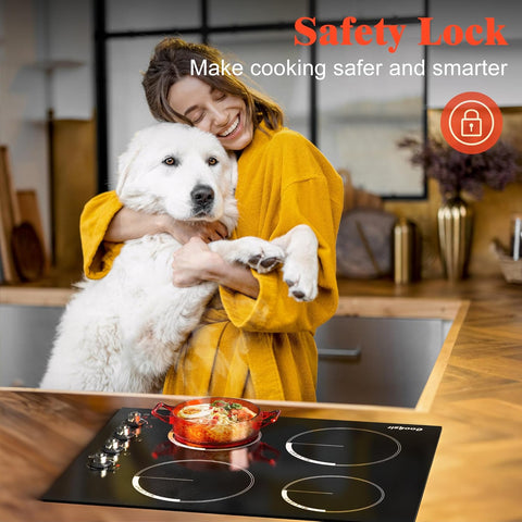 24 Inch Electric Cooktop - 4 Burner Built-in Glass Ceramic Stovetop 6000W, 220-240V Electric Stove Touch and Knob Control, Safety Lock, Pause, 99 Min Timer, 240V Hard Wire(No Plug)