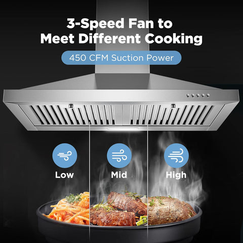 24 Inch Range Hood, Wall Mount Vent Hood in Stainless Steel with Ducted/Ductless Convertible Duct, 3 Speed Exhaust Fan, Energy Saving LED Light, Push Button Control, 2 Pcs Baffle Filters