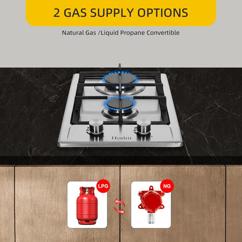 2 Burner Propane Gas Cooktop, 12" Inch LPG/NG Dual Fuel Built-in Gas Stove Top, Stainless Steel Electronic Ignition Gas Hob for Apartment, Outdoor, RVs(L12"×W20")…