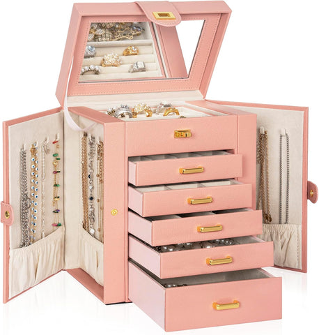 AKOZLIN Huge Jewelry Box Organizer Functional Lockable, Large Leather Jewelry Storage Case for Women Girls Ring Necklace Earring Bracelet Holder Organizer with Mirror