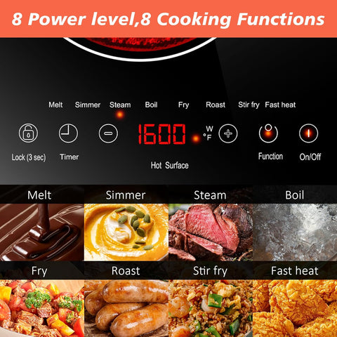 2 Burner Electric Cooktop 110v, 24 Inch Electric Stove Countertop & Built-in, Plug-in Electrics Cooktop, 8 Power Levels & 8 Functions, Touch Control, Safety Lock, Timer, 2000W, Karienvir