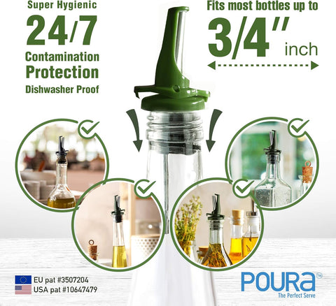 AIRTIGHT Olive Oil Pour Spout for Olive Oil Dispenser - UK Patented Oil Pourer - Hygienic One Handed Open Close Mechanism Keeps Oil Fresh. Dust Caps Cover | Screens Alternative - Green 2 PCs