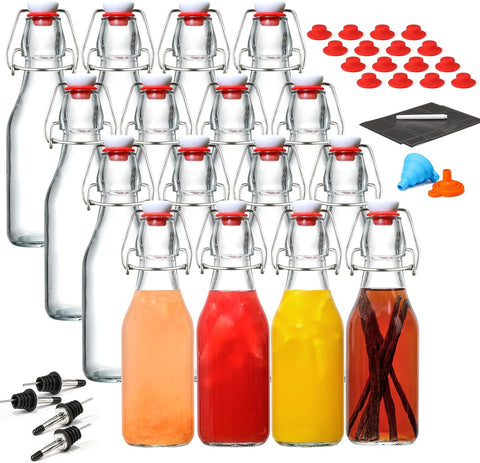 8-Pack 8.5oz Flip Top Glass Bottles, Swing Top Beer Brewing Bottle for Fermentation, Kombucha, Kefir, Vanilla Extract, Coquito, Juice, Soda, Tea - Airtight Stopper Cap Lid, Bonus 2 Bottle Pourers