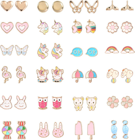 24 Pairs Hypoallergenic Stud Earrings Set for Girls Sensitive Ears With Stainless Steel Post Colorful Cute Earrings for Girls Women