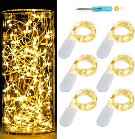6 Pack Fairy Lights Battery Operated with Timer 2PCS Remote 6.5ft 20LED Warm White Twinkle Lights Waterproof Silver Wire Fireflies Lights DIY Mason Jar Wedding Party Christmas Centerpiece Table Deco