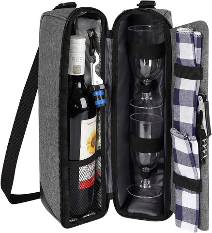 ALLCAMP Wine tote Bag with Cooler Compartment, Picnic Set Carrying Two sets of tableware