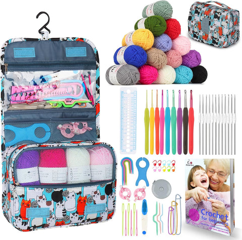 Aeelike Crochet Kit for Beginners Adults, Crochet Kits Include Yarn, 59pcs Crochet Starter Kit for Beginners Kids,Ergonomic Crochet Hooks 2.0-6.0 mm, Lace Steel Needles 0.6-1.9 mm