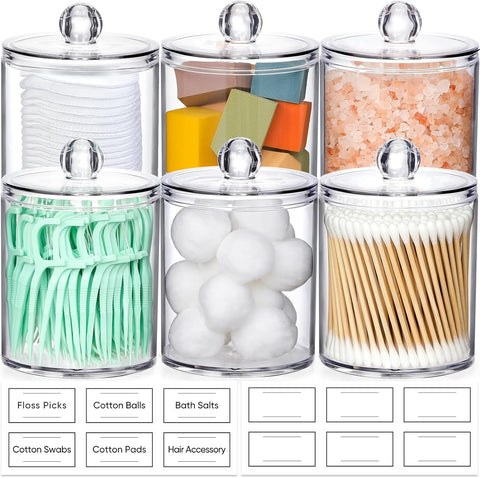 4 Pack Acrylic Qtip Holder Dispenser for Cotton Swabs, Balls, Pads, Floss Picks- Small Clear Plastic Canister Apothecary Jar Set, Bathroom Essentials Accessories Decor, Vanity Makeup Storage Organizer