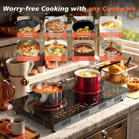 2 Burner Electric Cooktop 110v, 24 Inch Electric Stove Countertop & Built-in, Plug-in Electrics Cooktop, 8 Power Levels & 8 Functions, Touch Control, Safety Lock, Timer, 2000W, Karienvir