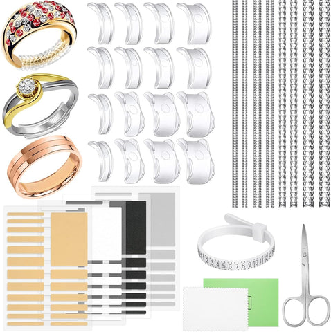 100 Pcs Ring Sizer Adjuster for Loose Rings with Ring Size Measuring Tool, Plug-in Invisible Ring Guards Silicone Tightener EVA Foam Ring Size Adjuster Set with Polishing Cloth