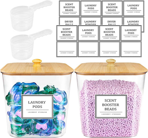 3+1 Pack Laundry Pods Container,Clear Laundry Room Organization Containers,Large Laundry Detergent Powder Storage Containers with Wooden Lids & Labels,Laundry Pods Holder for Scent Booster,Powder,Pods