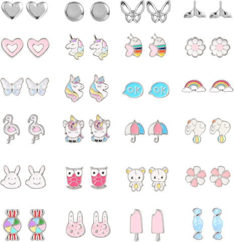 24 Pairs Hypoallergenic Stud Earrings Set for Girls Sensitive Ears With Stainless Steel Post Colorful Cute Earrings for Girls Women