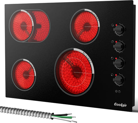 24 Inch Electric Cooktop - 4 Burner Built-in Glass Ceramic Stovetop 6000W, 220-240V Electric Stove Touch and Knob Control, Safety Lock, Pause, 99 Min Timer, 240V Hard Wire(No Plug)