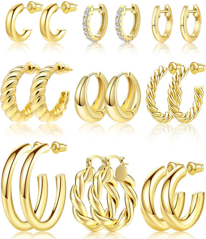 Adoyi 9 Pairs Gold Hoop Earrings Set for Womens Twisted Huggie Hoops Earrings 14K 18K Gold Plated for Girls Valentines Mother's Day Birthday Gifts Lightweight