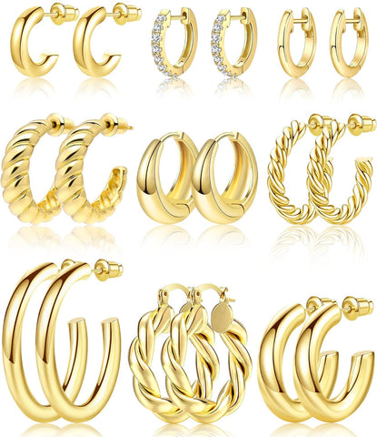 Adoyi 9 Pairs Gold Hoop Earrings Set for Womens Twisted Huggie Hoops Earrings 14K 18K Gold Plated for Girls Valentines Mother's Day Birthday Gifts Lightweight