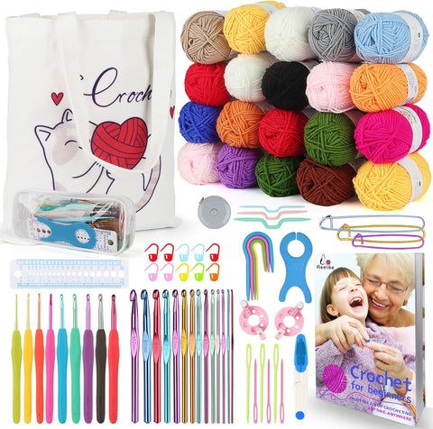 Aeelike Crochet Kit for Beginners Adults, Crochet Kits Include Yarn, 59pcs Crochet Starter Kit for Beginners Kids,Ergonomic Crochet Hooks 2.0-6.0 mm, Lace Steel Needles 0.6-1.9 mm