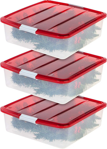33 Quart Christmas Wreath Storage Container Box with Lid, 3-Pack, Stackable Under Bed Storage Organizer Bin with Latching Buckles for 20" Wreaths Christmas Decorations Garlands, Clear/Red