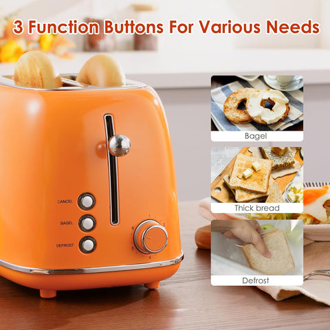 2 Slice Toaster Retro Stainless Steel with Bagel, Cancel, and Defrost Functions, 6 Bread Shade Settings, Extra Wide Slots and Removable Crumb Tray, Orange