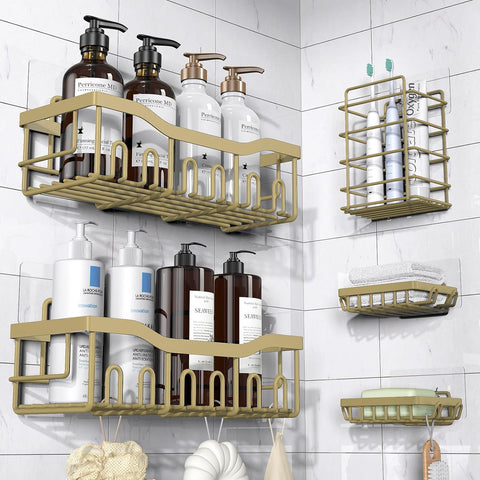 Adhesive Shower Caddy, 5 Pack Rustproof Stainless Steel Bath Organizers With Large Capacity, No Drilling Shelves for Bathroom Storage & Home Decor