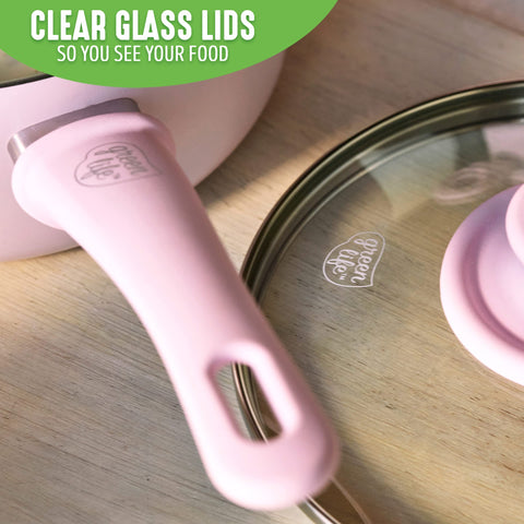 GreenLife Soft Grip 1QT and 2QT Saucepan Set, Healthy Ceramic Nonstick, Non Toxic PFAS & PFOA-Free, Dishwasher Safe, Glass Lids, Stay-Cool Handles, Easy Clean Cookware, Kitchen Essentials, Pink